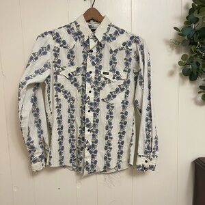 Vintage 70s Wrangler Pearl Snap Shirt Mens Large Blue Floral Western Cowboy